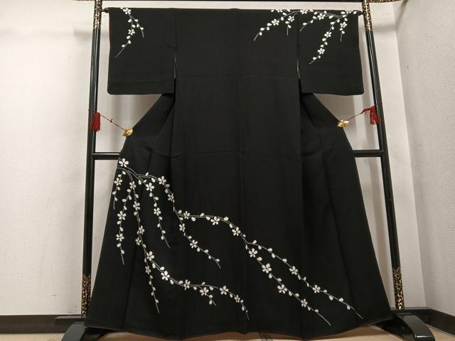 平和屋着物●訪問着　絞り　枝花文　黒地　正絹　逸品　AABH4198ph