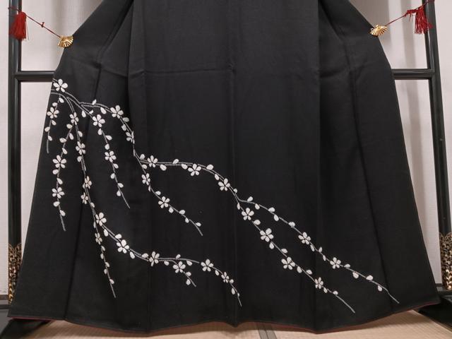 平和屋着物●訪問着　絞り　枝花文　黒地　正絹　逸品　AABH4198ph