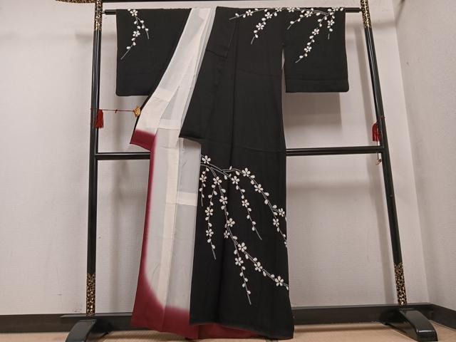 平和屋着物●訪問着　絞り　枝花文　黒地　正絹　逸品　AABH4198ph