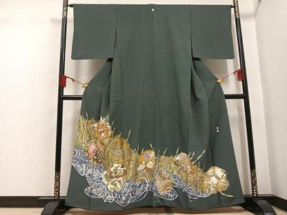 平和屋着物●京加賀友禅　松本健一　色留袖　群れ鳥草花丸文　金彩　正絹　逸品　AABH4199ph