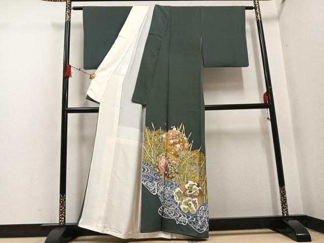 平和屋着物●京加賀友禅　松本健一　色留袖　群れ鳥草花丸文　金彩　正絹　逸品　AABH4199ph