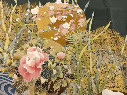 平和屋着物●京加賀友禅　松本健一　色留袖　群れ鳥草花丸文　金彩　正絹　逸品　AABH4199ph