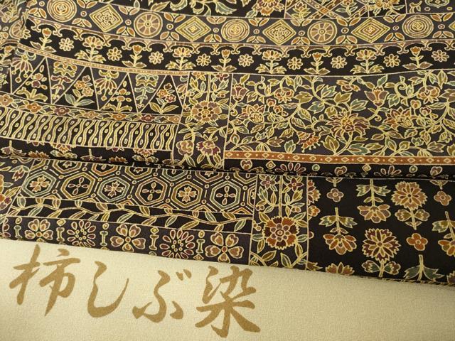 平和屋着物●上質な小紋　柿渋染　京友禅　更紗花鳥文　反端付き　正絹　逸品　AABH4204ck 平和屋着物○上質な小紋 柿渋染 京友禅 更紗花鳥文 反端