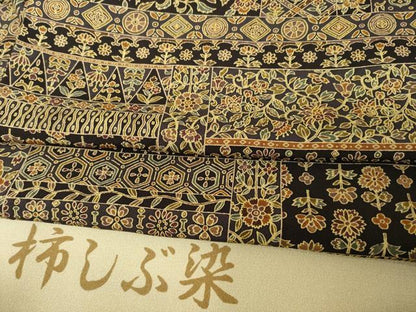 平和屋着物●上質な小紋　柿渋染　京友禅　更紗花鳥文　反端付き　正絹　逸品　AABH4204ck