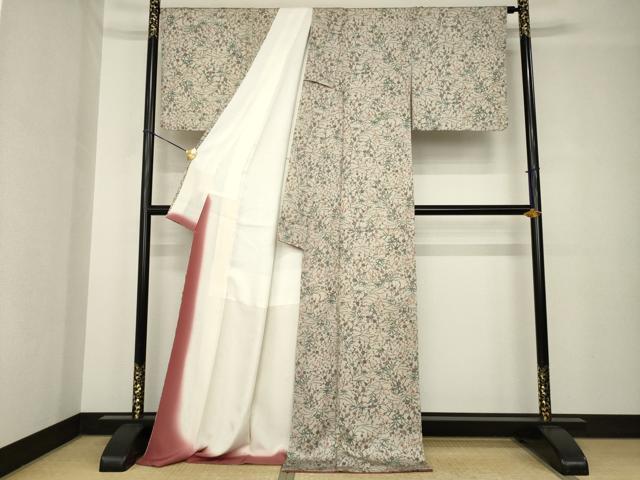 平和屋着物●上質な小紋　型染め　草花文　ロング丈　正絹　逸品　AABH4209ck