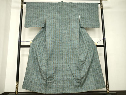 平和屋着物●花織　紬　格子　正絹　逸品　AABH4211ck