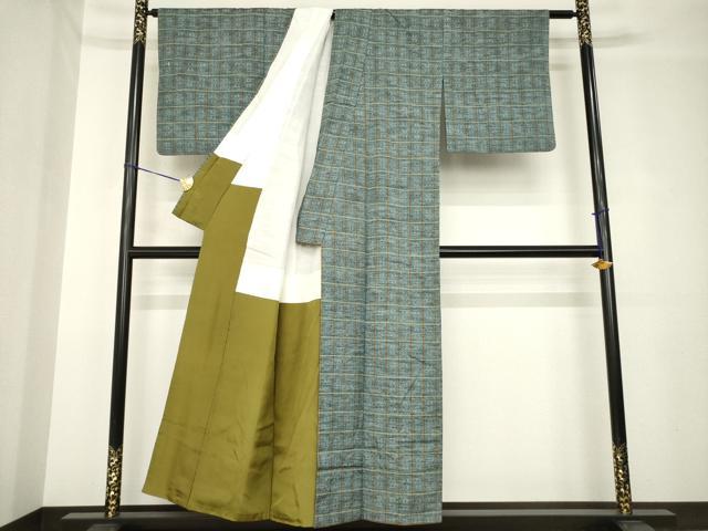 平和屋着物●花織　紬　格子　正絹　逸品　AABH4211ck