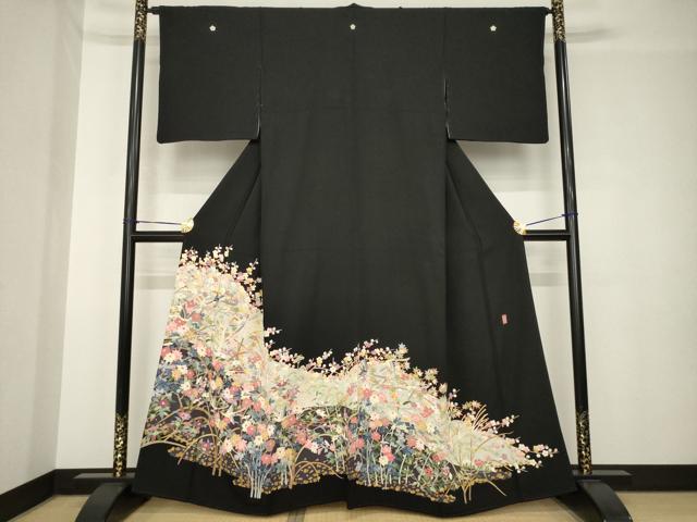 平和屋着物●豪華黒留袖　友禅　作家物　花鳥文　正絹　逸品　AABH4216ck 平和屋着物○豪華黒留袖 友禅 作家物 花鳥文 正絹 逸品 AABH4216ck