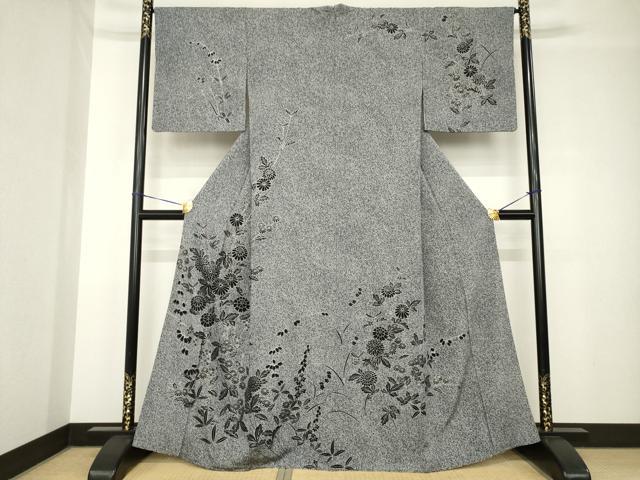 平和屋着物●訪問着　草花文　黒地　銀彩　正絹　逸品　AABH4220ck