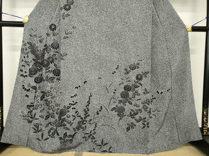 平和屋着物●訪問着　草花文　黒地　銀彩　正絹　逸品　AABH4220ck
