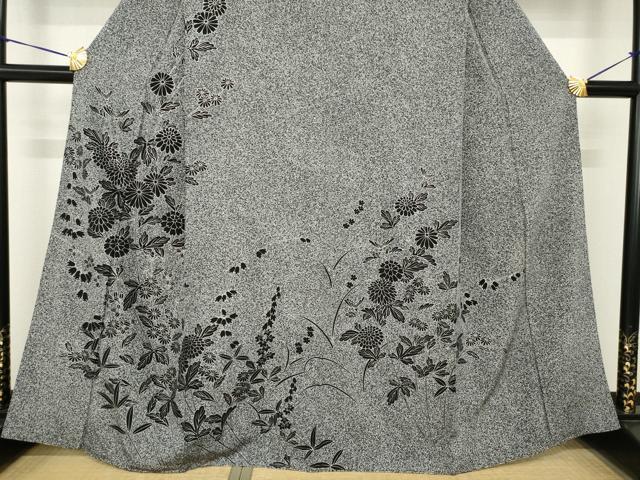 平和屋着物●訪問着　草花文　黒地　銀彩　正絹　逸品　AABH4220ck