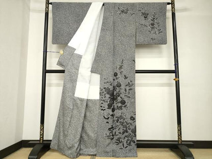 平和屋着物●訪問着　草花文　黒地　銀彩　正絹　逸品　AABH4220ck