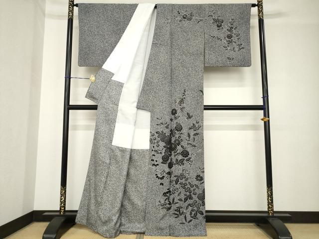 平和屋着物●訪問着　草花文　黒地　銀彩　正絹　逸品　AABH4220ck