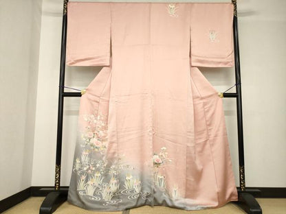 平和屋着物●訪問着　友禅　流水花文　暈し染め　金彩　　正絹　逸品　AABH4221ck
