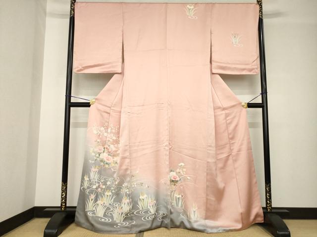 平和屋着物●訪問着　友禅　流水花文　暈し染め　金彩　　正絹　逸品　AABH4221ck