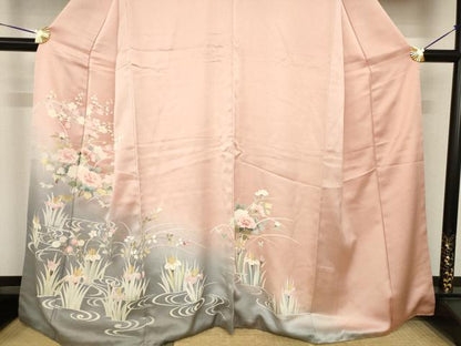 平和屋着物●訪問着　友禅　流水花文　暈し染め　金彩　　正絹　逸品　AABH4221ck