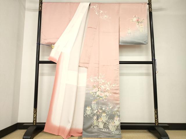 平和屋着物●訪問着　友禅　流水花文　暈し染め　金彩　　正絹　逸品　AABH4221ck