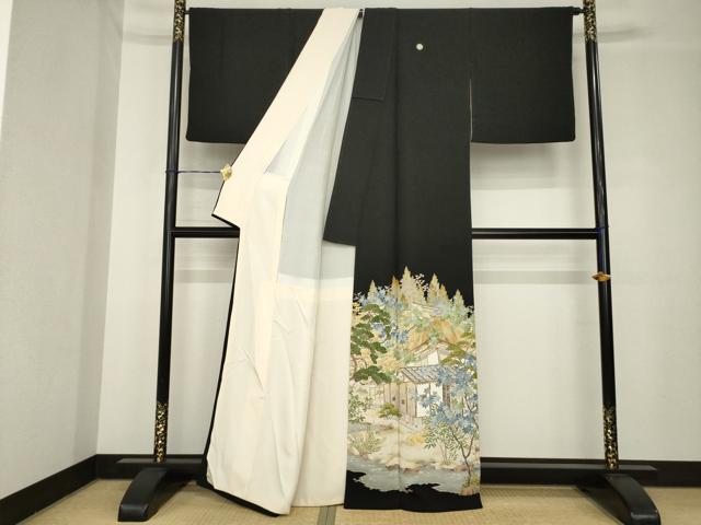 平和屋着物●本加賀友禅作家　柿本市郎　黒留袖　風景文　正絹　逸品　AABH4235ck 平和屋着物○本加賀友禅作家 柿本市郎 黒留袖 風景千鳥人物草花文 正絹