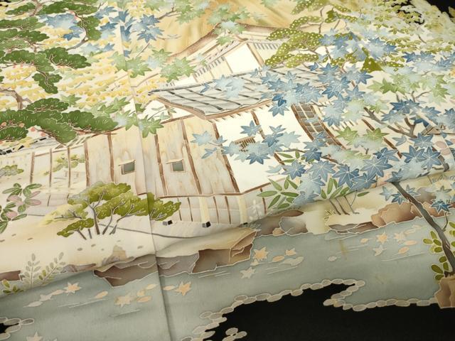 平和屋着物●本加賀友禅作家　柿本市郎　黒留袖　風景文　正絹　逸品　AABH4235ck 平和屋着物○本加賀友禅作家 柿本市郎 黒留袖 風景文 正絹 逸品