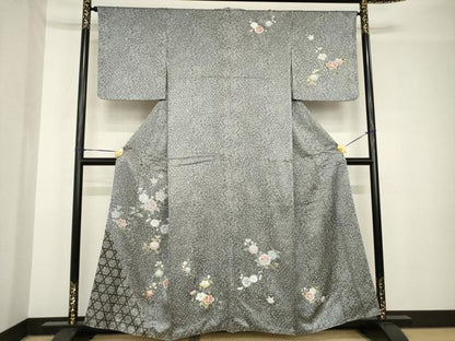 平和屋着物●訪問着　枝花文　黒地　正絹　逸品　AABH4239ck