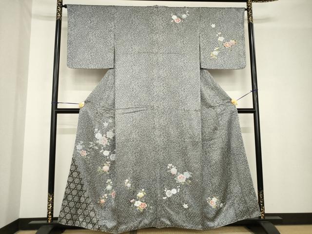 平和屋着物●訪問着　枝花文　黒地　正絹　逸品　AABH4239ck