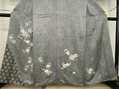 平和屋着物●訪問着　枝花文　黒地　正絹　逸品　AABH4239ck
