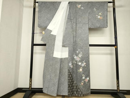 平和屋着物●訪問着　枝花文　黒地　正絹　逸品　AABH4239ck