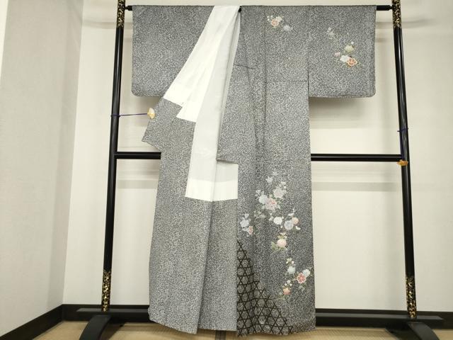 平和屋着物●訪問着　枝花文　黒地　正絹　逸品　AABH4239ck