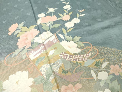 平和屋着物●訪問着　友禅　几帳花文　暈し染め　金彩　ロング丈　正絹　逸品　AABH4243ck