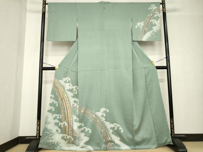 平和屋着物●訪問着　駒刺繍　絞り　立波文　正絹　逸品　AABH4253ck