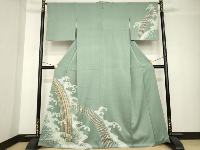 平和屋着物●訪問着　駒刺繍　絞り　立波文　正絹　逸品　AABH4253ck