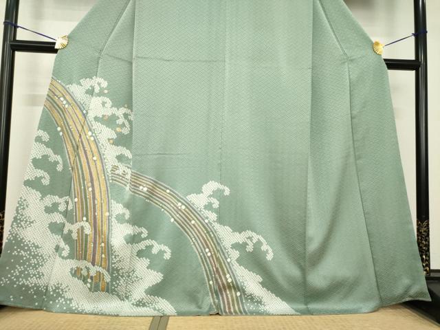 平和屋着物●訪問着　駒刺繍　絞り　立波文　正絹　逸品　AABH4253ck