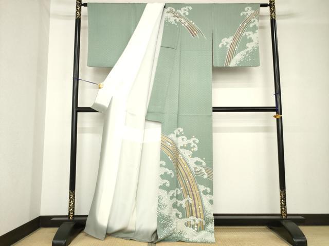 平和屋着物●訪問着　駒刺繍　絞り　立波文　正絹　逸品　AABH4253ck