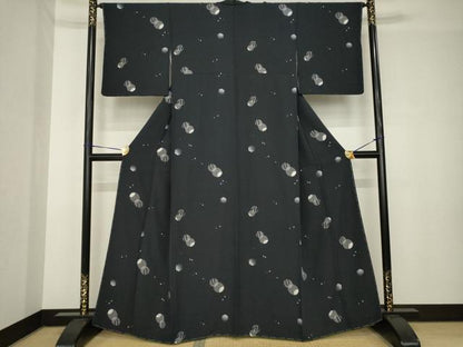 平和屋着物●上質な小紋　丸文　黒地　正絹　逸品　未使用　AABH4258ck