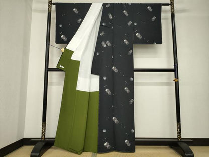 平和屋着物●上質な小紋　丸文　黒地　正絹　逸品　未使用　AABH4258ck