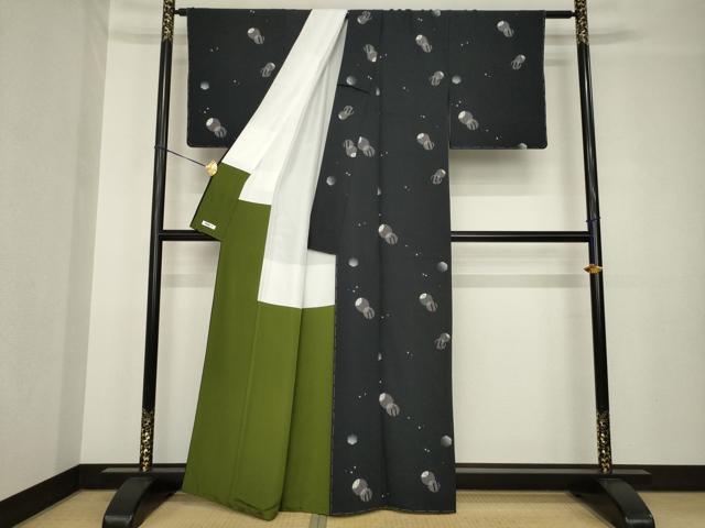 平和屋着物●上質な小紋　丸文　黒地　正絹　逸品　未使用　AABH4258ck