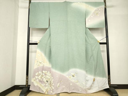 平和屋着物●訪問着　駒刺繍　遠山渡り橋風景文　暈し染め　金彩　正絹　逸品　AABH4268ck