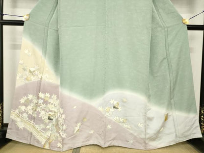 平和屋着物●訪問着　駒刺繍　遠山渡り橋風景文　暈し染め　金彩　正絹　逸品　AABH4268ck
