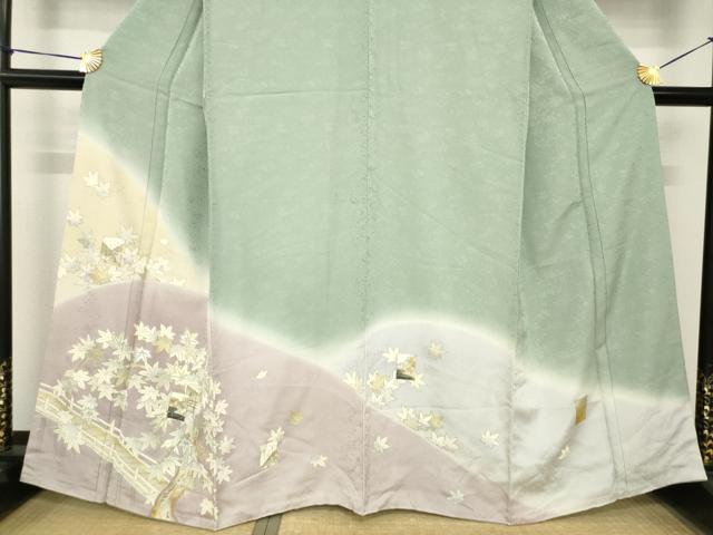 平和屋着物●訪問着　駒刺繍　遠山渡り橋風景文　暈し染め　金彩　正絹　逸品　AABH4268ck