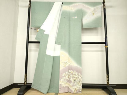 平和屋着物●訪問着　駒刺繍　遠山渡り橋風景文　暈し染め　金彩　正絹　逸品　AABH4268ck