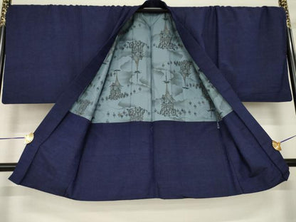 平和屋着物●男性　紬　アンサンブル　色無地　青褐色　正絹　逸品　AABH4269ck