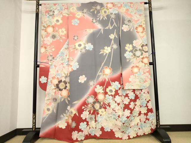 平和屋着物●豪華振袖　枝花文　暈し染め　金彩　正絹　逸品　AABH4271ck
