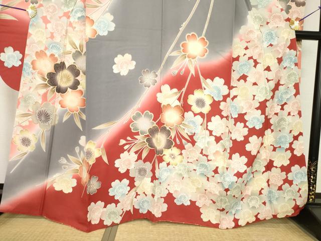平和屋着物●豪華振袖　枝花文　暈し染め　金彩　正絹　逸品　AABH4271ck