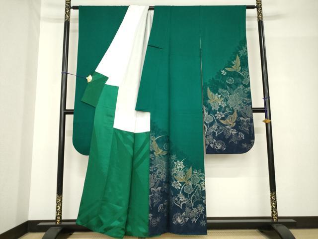 平和屋着物●染色作家　斉藤三才　振袖　花鳥文　寿光織　正絹　逸品　AABH4272ck
