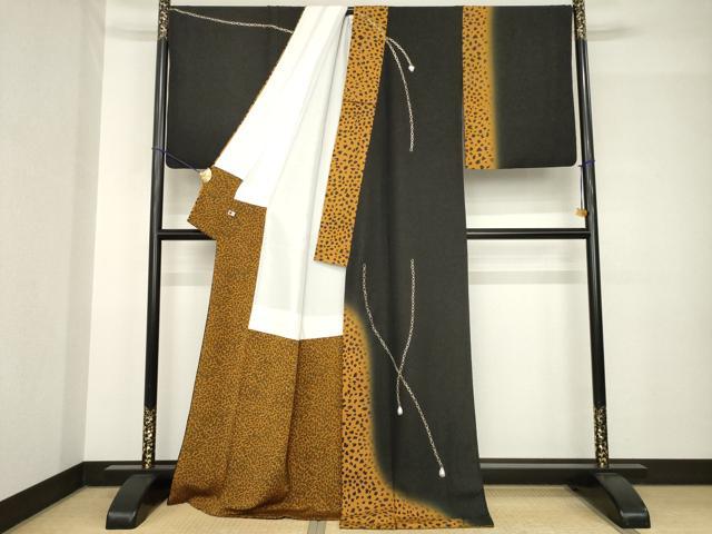 平和屋着物●訪問着　美彩夢　ヒョウ柄　黒地　金彩　金通し地　ロング丈　正絹　逸品　AABH4275ck