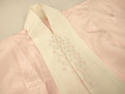 平和屋着物■長襦袢 無双仕立て 草花地紋 薄桜色 半衿刺繍 正絹 逸品 AABH4414fw
