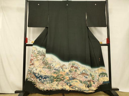 平和屋着物■豪華黒留袖　作家物　花鳥風景文　暈し染め　正絹　逸品　AABH4419fw