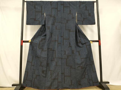 平和屋着物■上質な紬 格子 黒地 正絹 逸品 AABH4430fw
