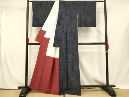平和屋着物■上質な紬 格子 黒地 正絹 逸品 AABH4430fw