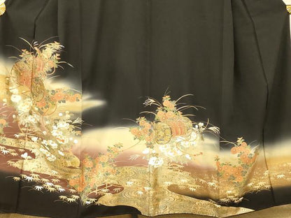 平和屋着物■豪華黒留袖 草花陶器文 暈し染め 金銀彩 正絹 逸品 AABH4434fw